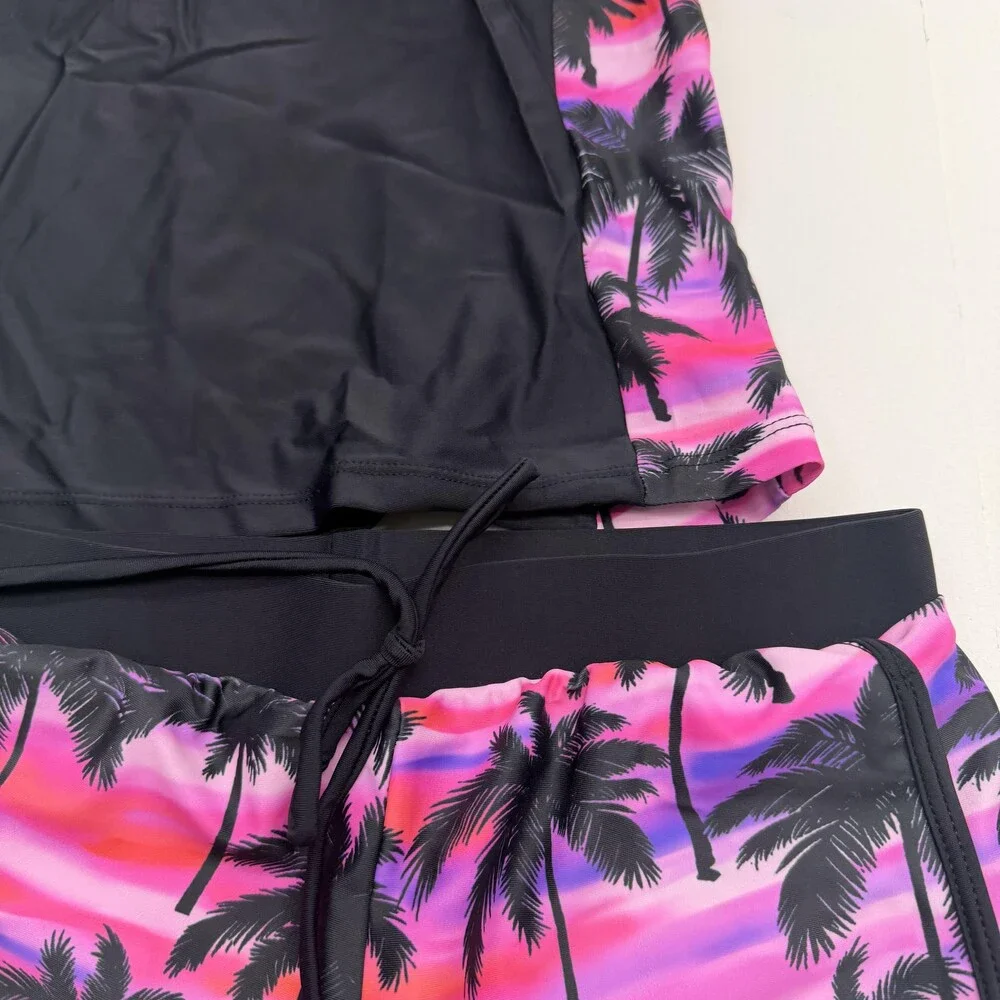 Pink Palm Ombre Tankini Swimsuit Set Womens S Swim Shorts 2 Piece Lined Stretch